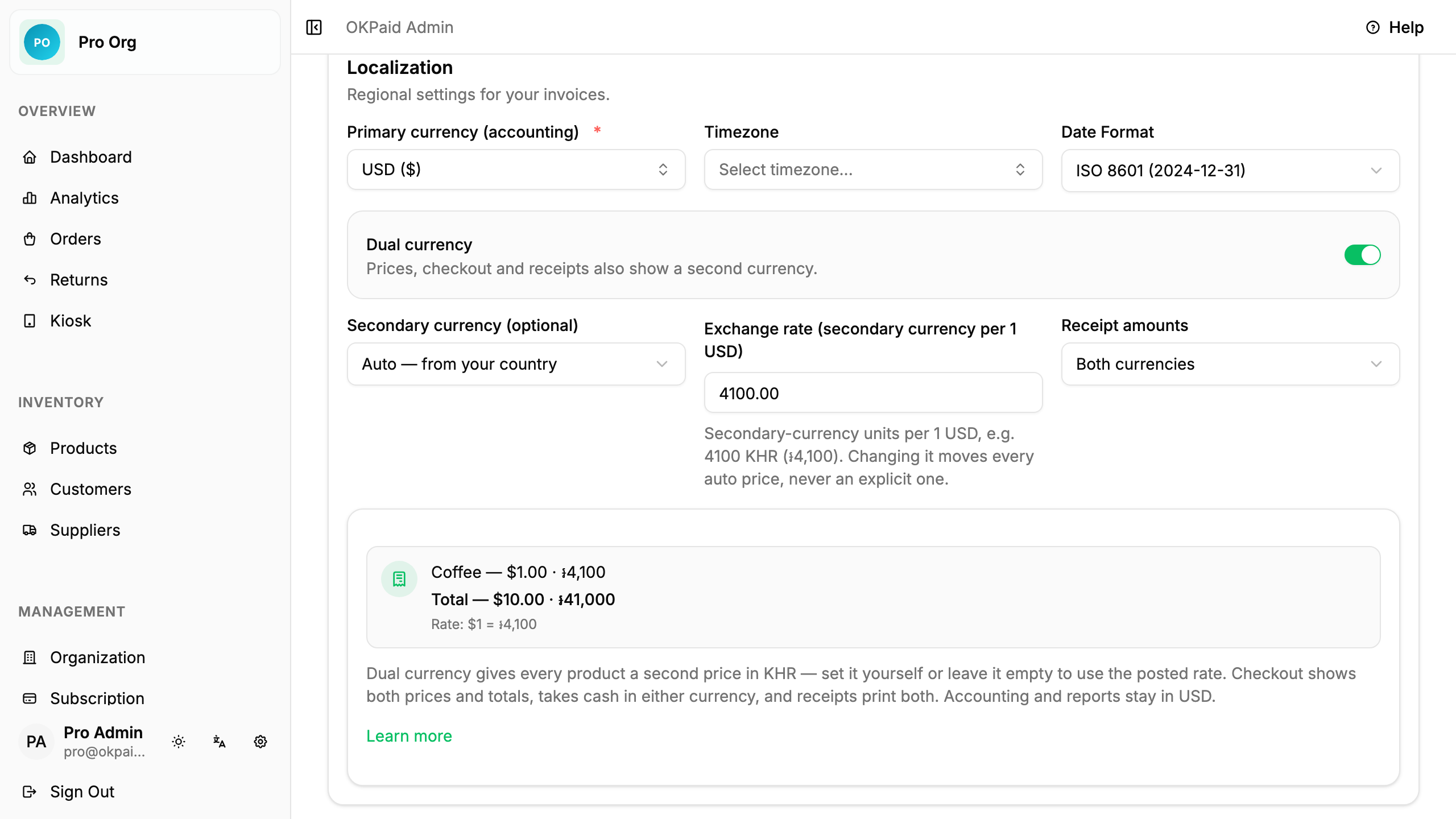 Dual currency Localization settings
