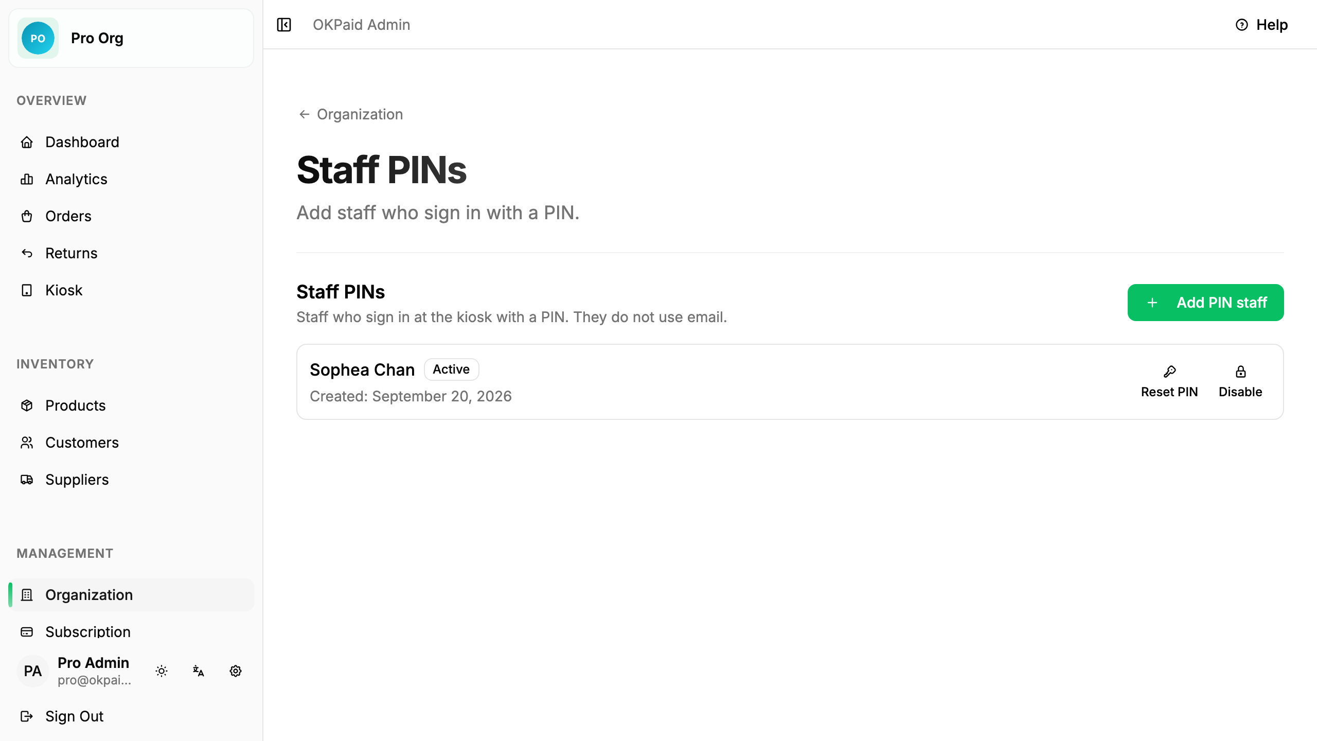 Staff PINs list
