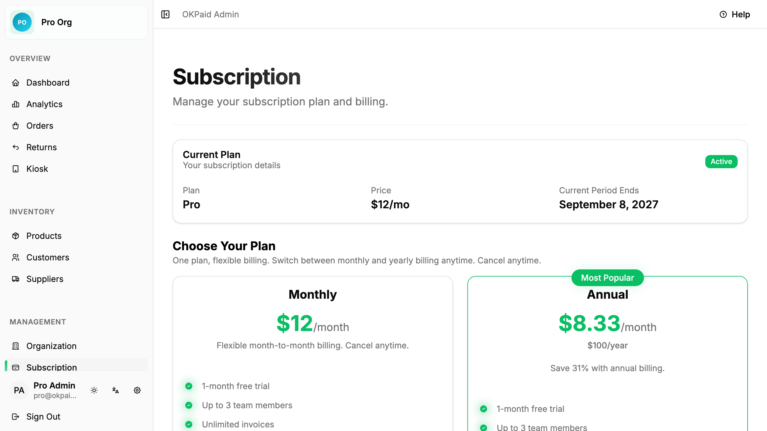Subscription page