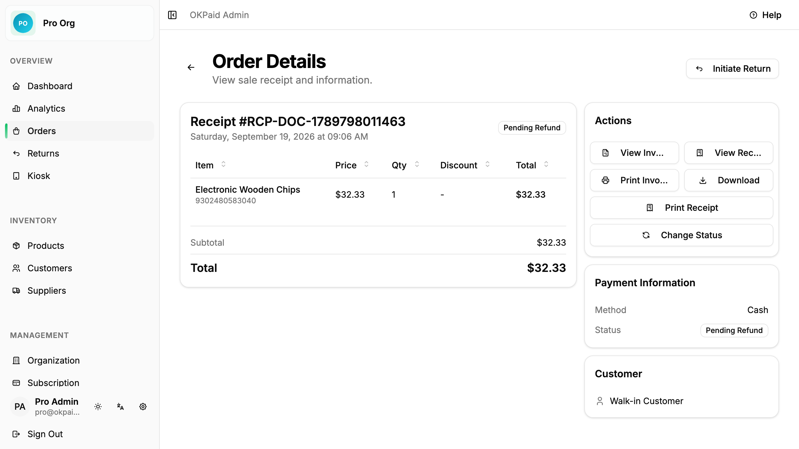 Order detail with return button