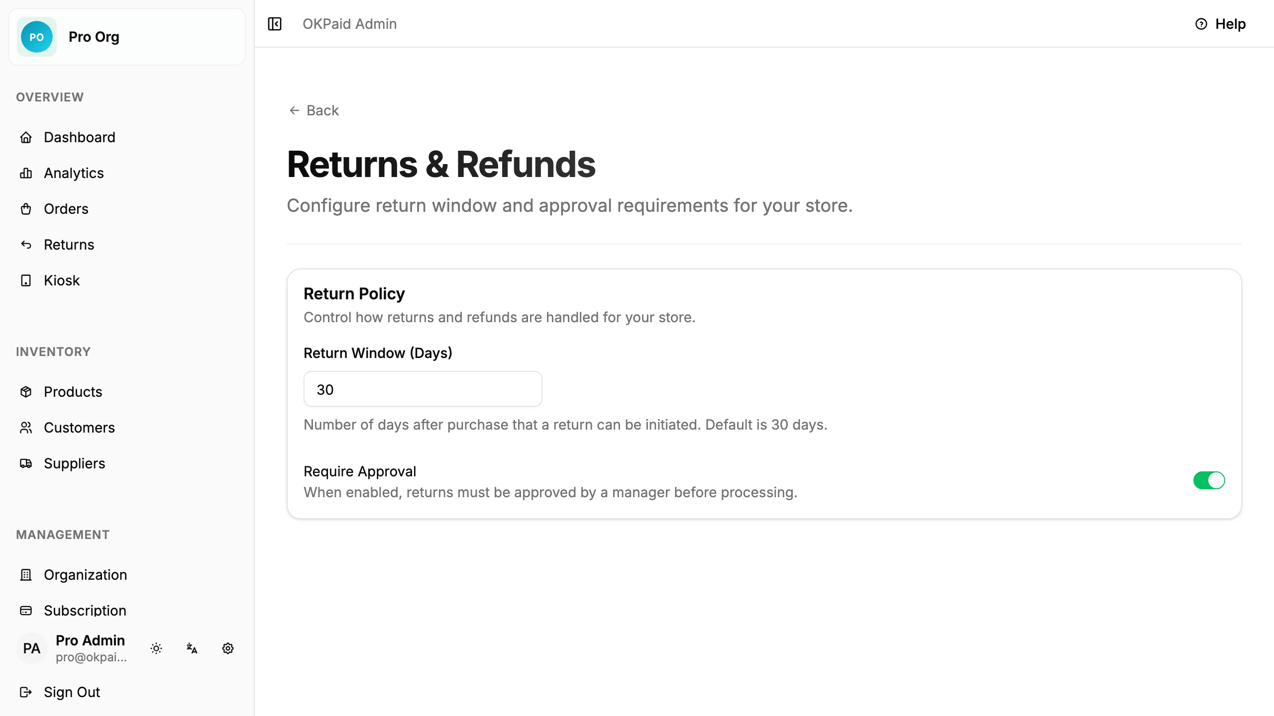 Return policy settings