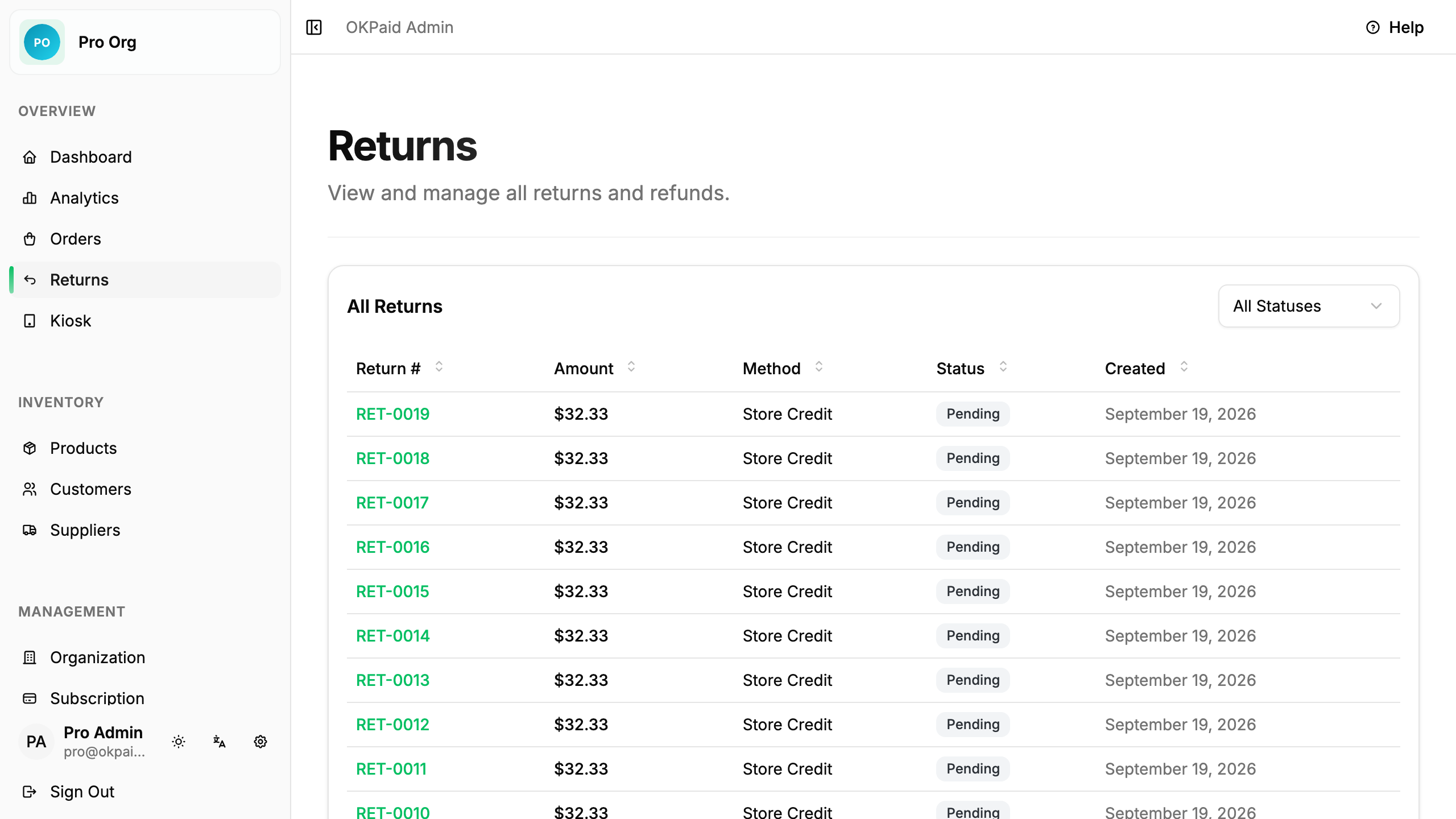 Returns list